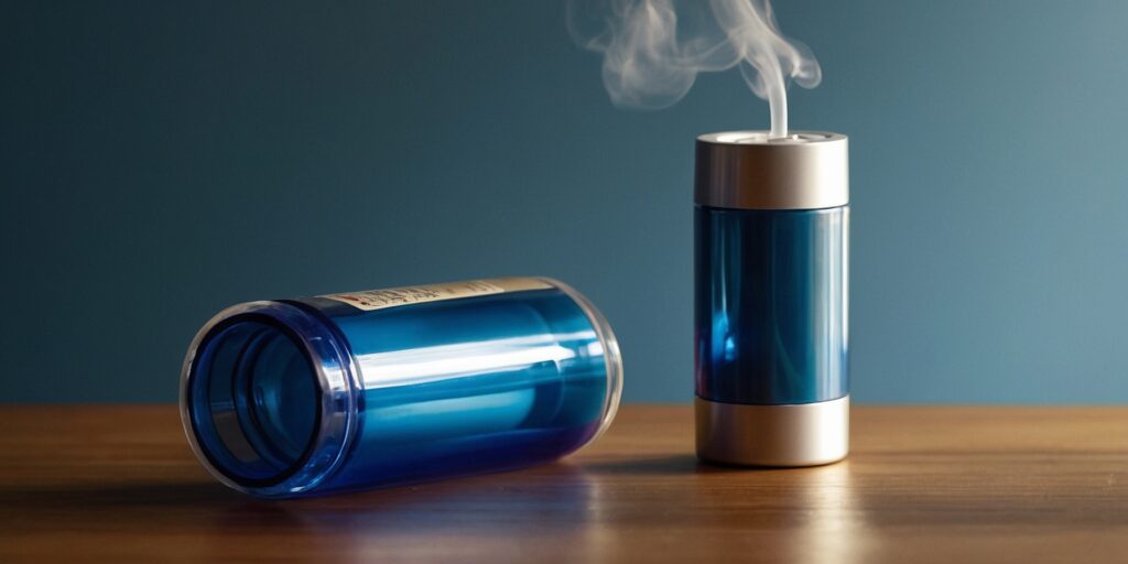 Une image d'une personne utilisant une puff avec une tasse d'eau à côté d'elle. Une image d'une personne utilisant une puff avec une tasse d'eau à côté d'elle.